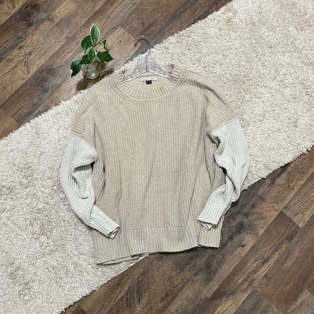 American Eagle Size Medium Beige Cream Colorblock Crewneck 100% Cotton Sweater